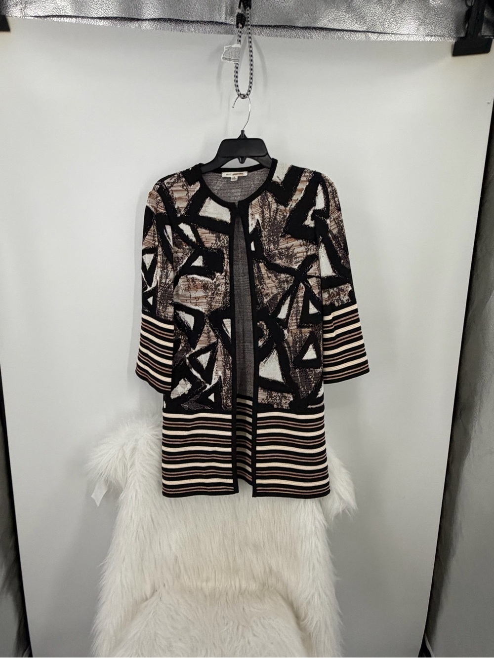 St. John One Button Abstract Black, Cream & Brown Open Front Long Cardigan